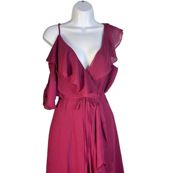 Yumi Kim Womens Cold Shoulder Ruffled Wrap Dress‎ Burgundy Swing Size Small - Picture 3 of 7